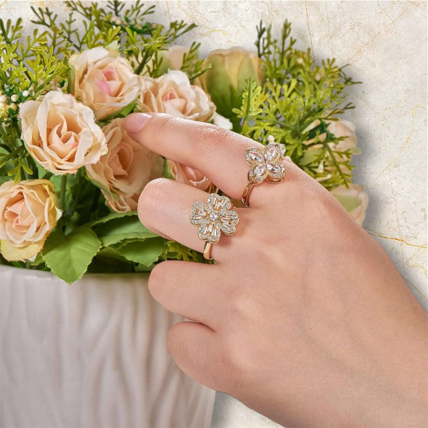 Anxiety Ring / Worry Spinner Ring Clover | Waterproof Stainless Steel Zirconia