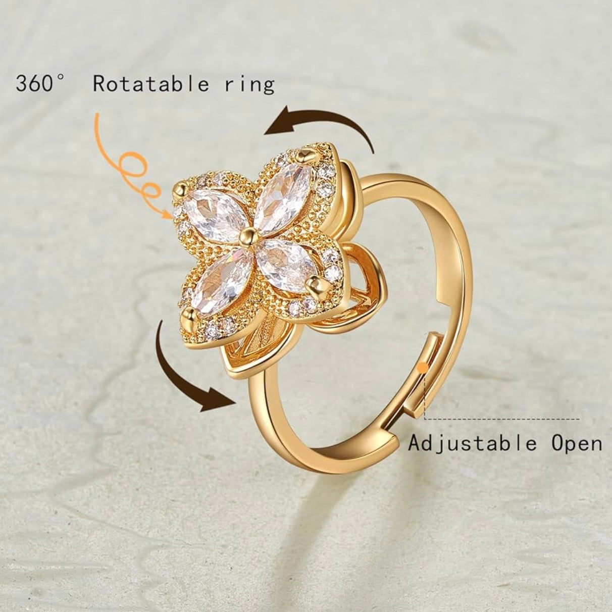 Anxiety Ring / Worry Spinner Ring Clover | Waterproof Stainless Steel Zirconia