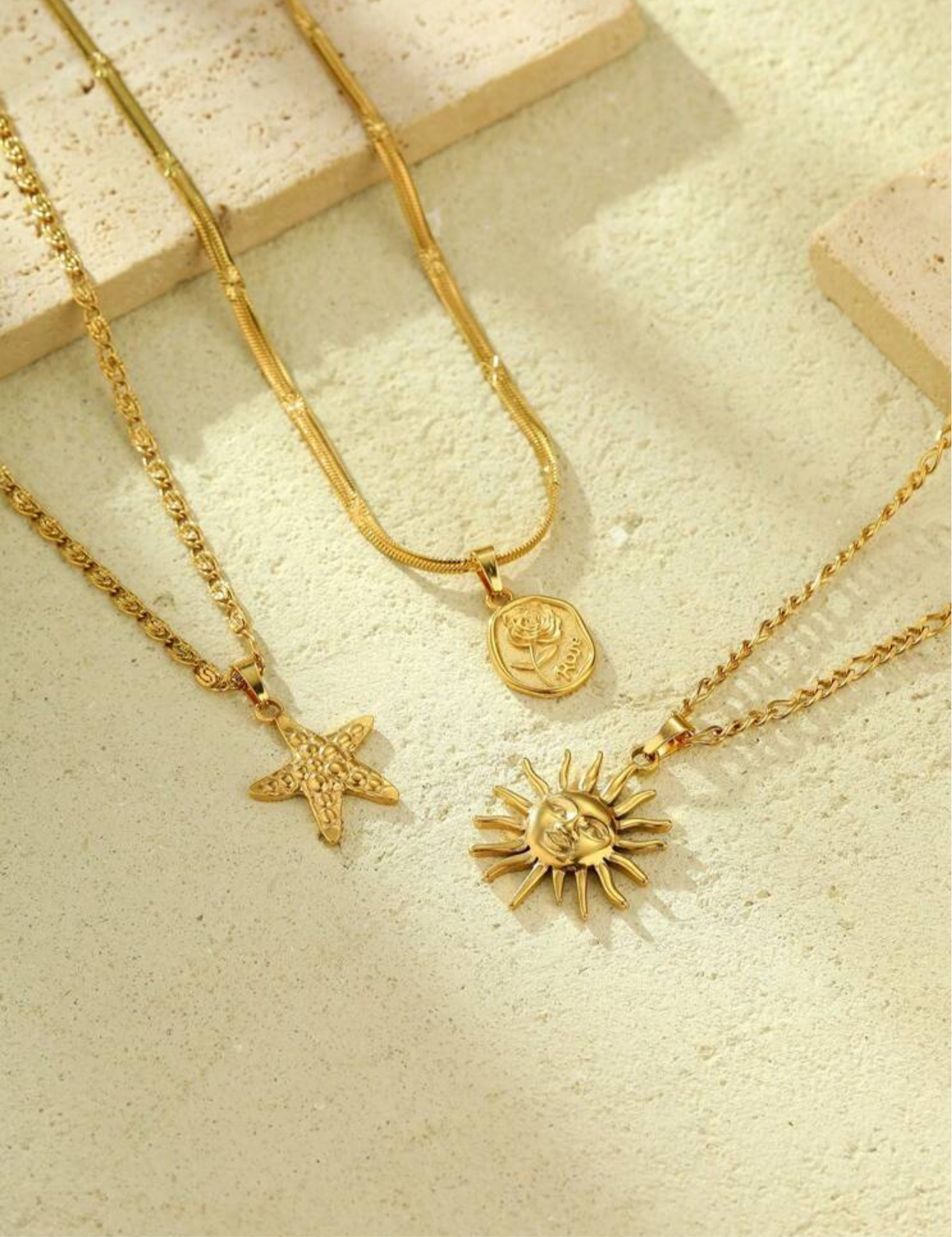Set of 3 Summer Beach Vibes Necklaces Gold Color | Stainless Steel/Waterproof 🌟